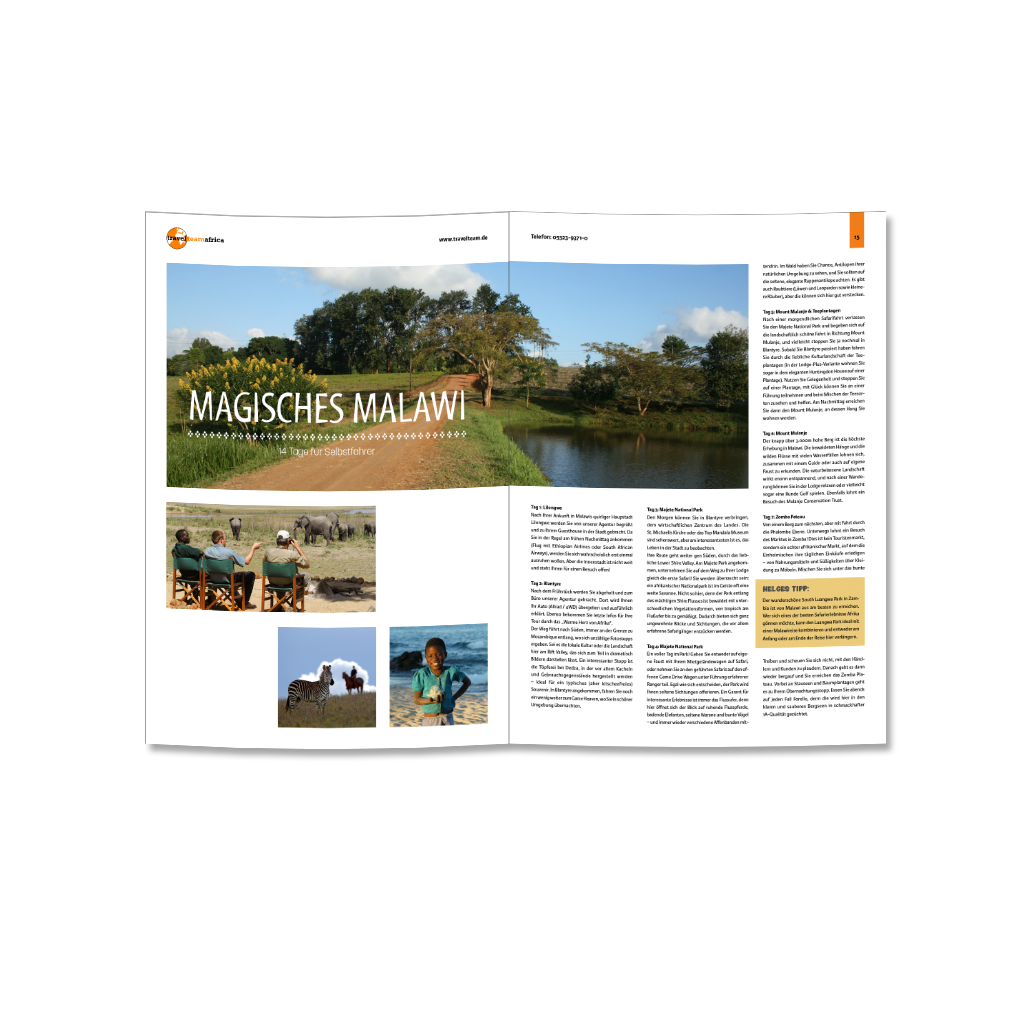 Kataloggestaltung, Seite aus Reisekatalog, Travelteam Africa